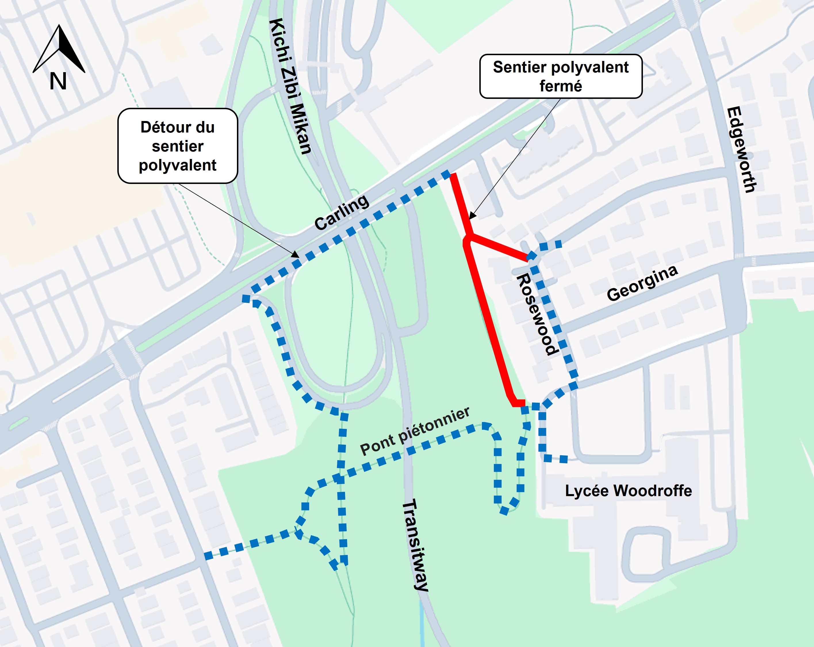 Une carte montrant la voie ferrée fermée au sud de Carling et à l'ouest de Rosewood.