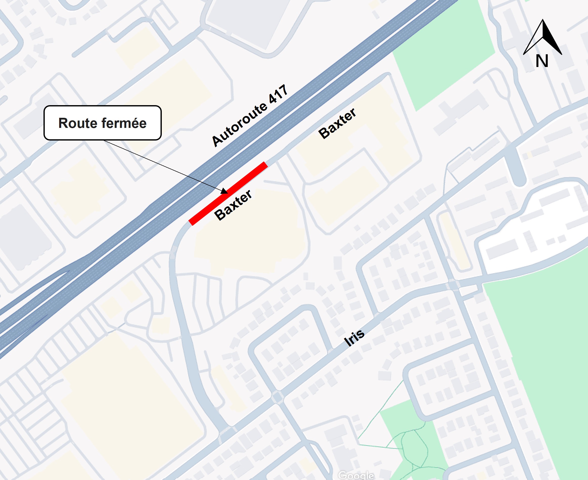 Image de la carte de l'autoroute 417 et des zones environnantes avec la route Baxter en rouge démontrant la route fermée