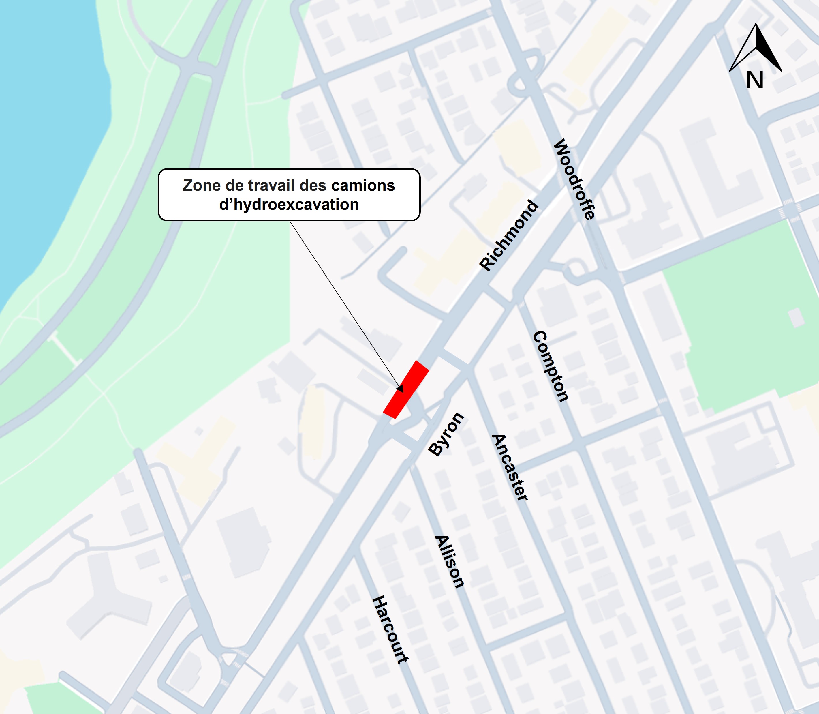 Carte de Richmond Road, mettant en évidence la zone de travaux devant Tim Hortons, où l'hydrovac doit intervenir.
