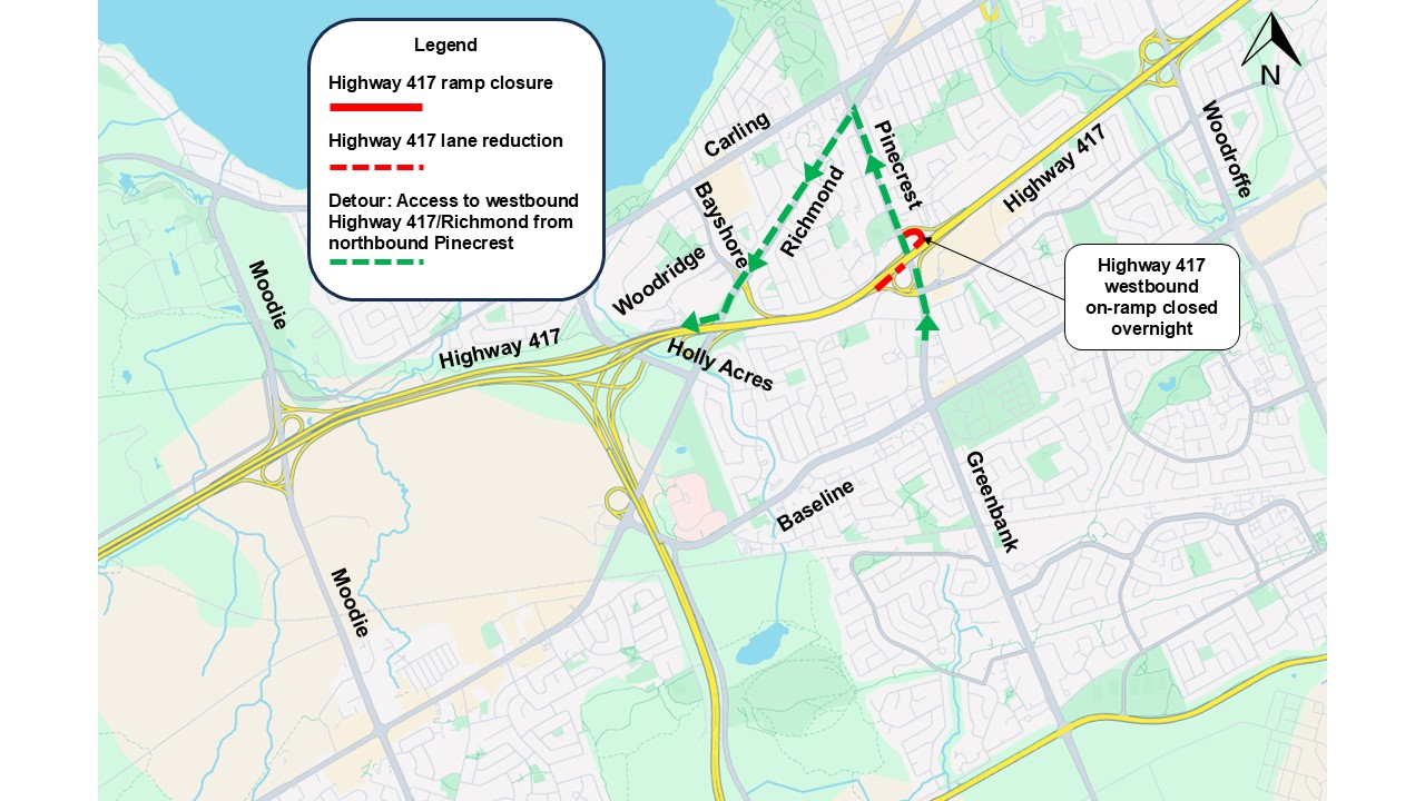 map of Highway 417 demonstrating the Pinecrest ramp and lanes that will be closed nightly