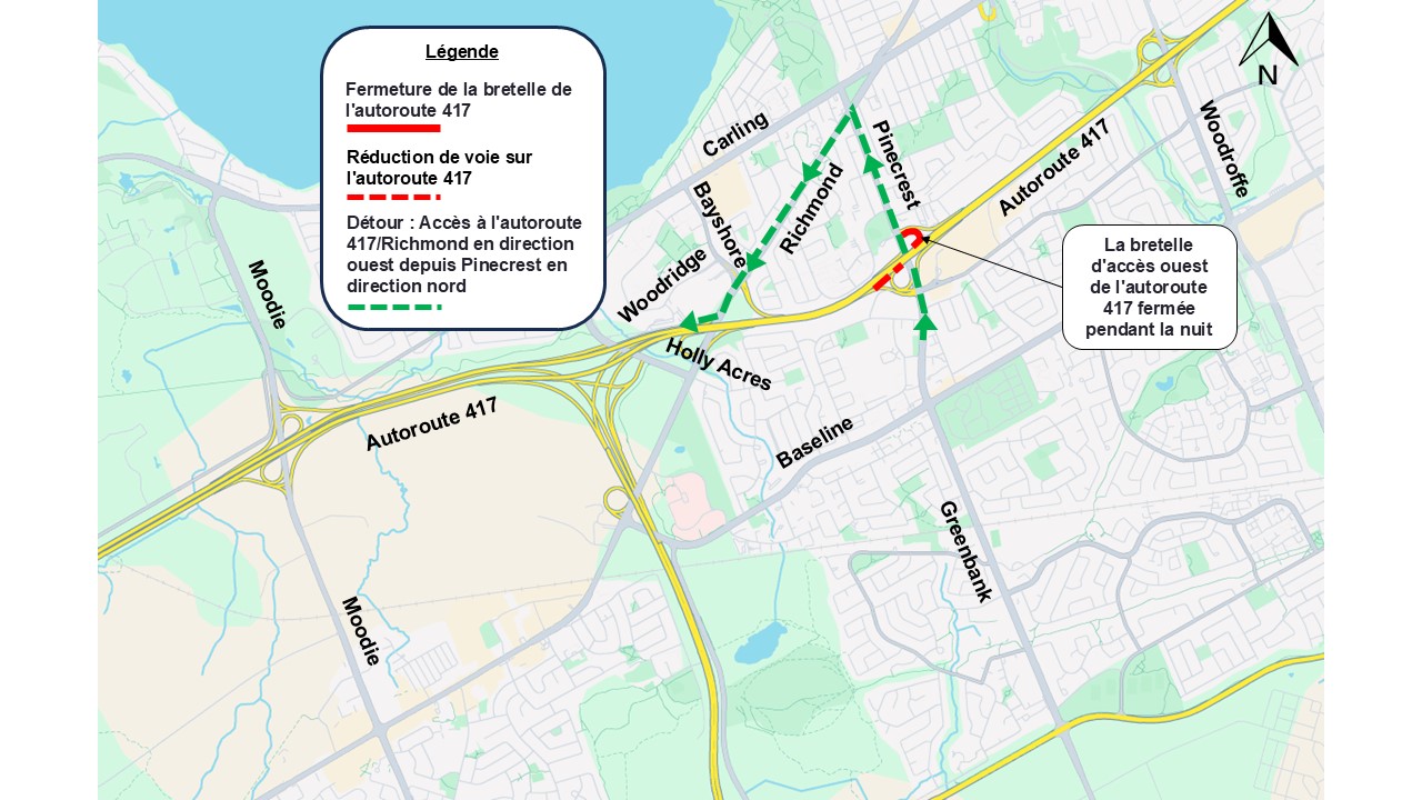 Carte de l'autoroute 417 indiquant la bretelle Pinecrest et les voies qui seront fermées chaque nuit.