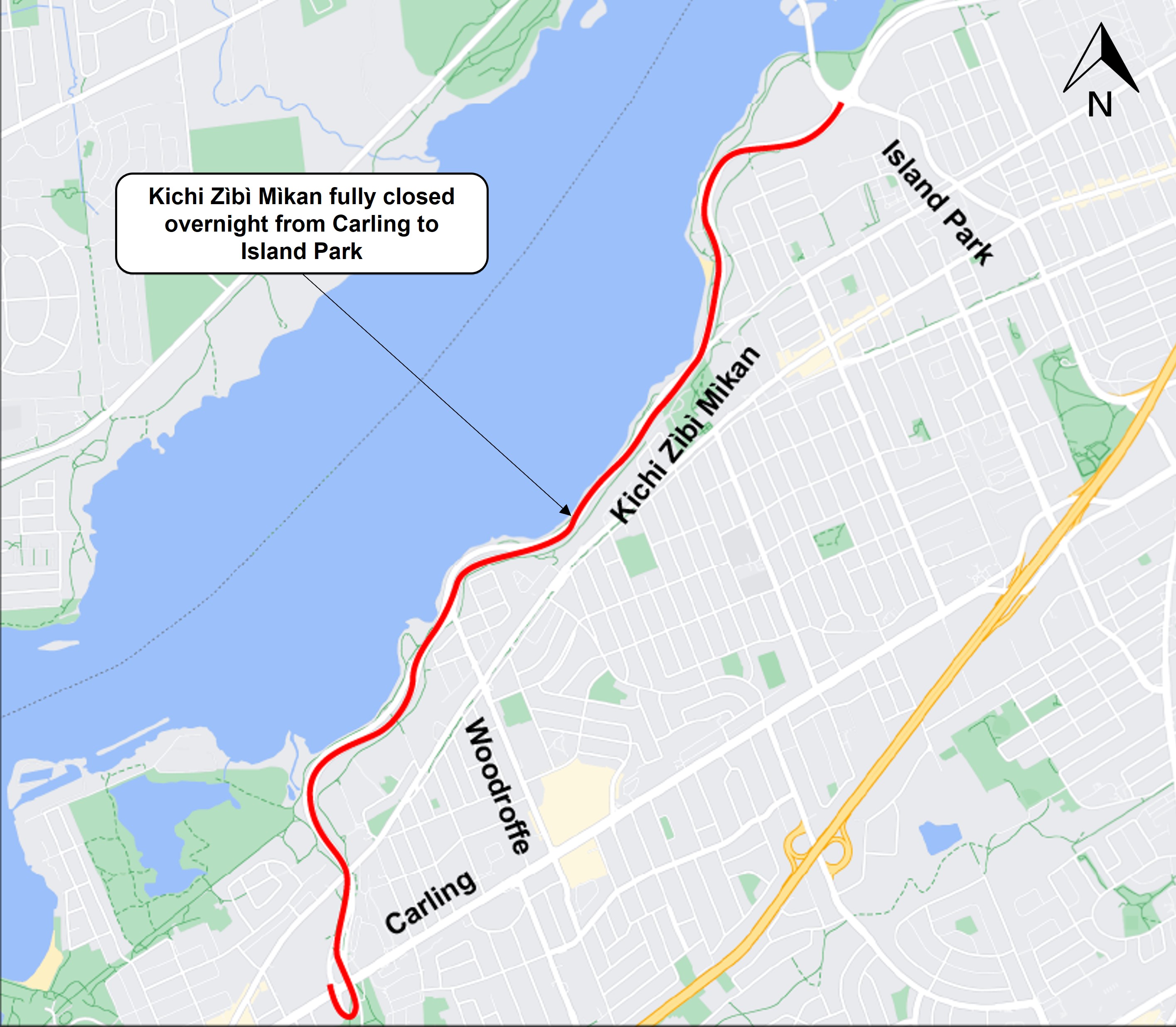 Grey map with red line indicating closure from Carling to Island Park