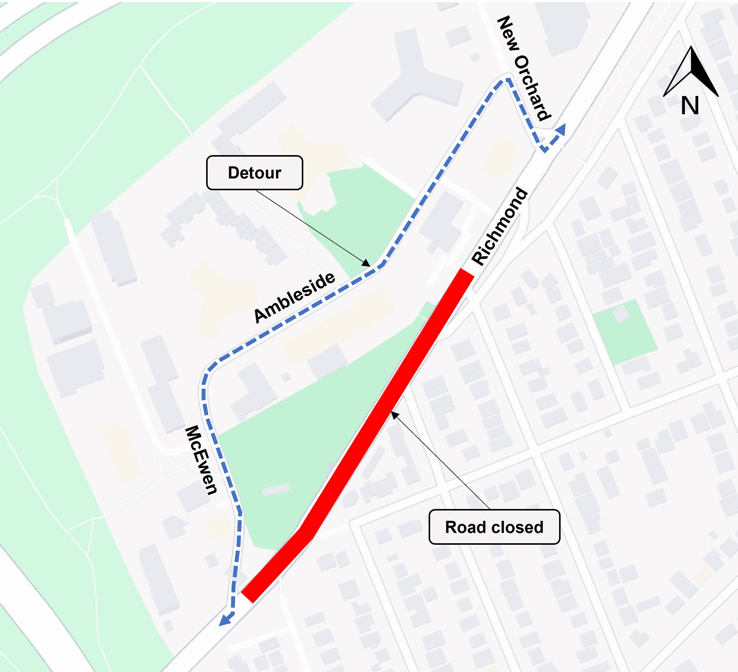 Grey map with red line on Richmond showing the closure between McEwen and New Orchard. Blue dotted line on Ambleside shows the detour route. . 