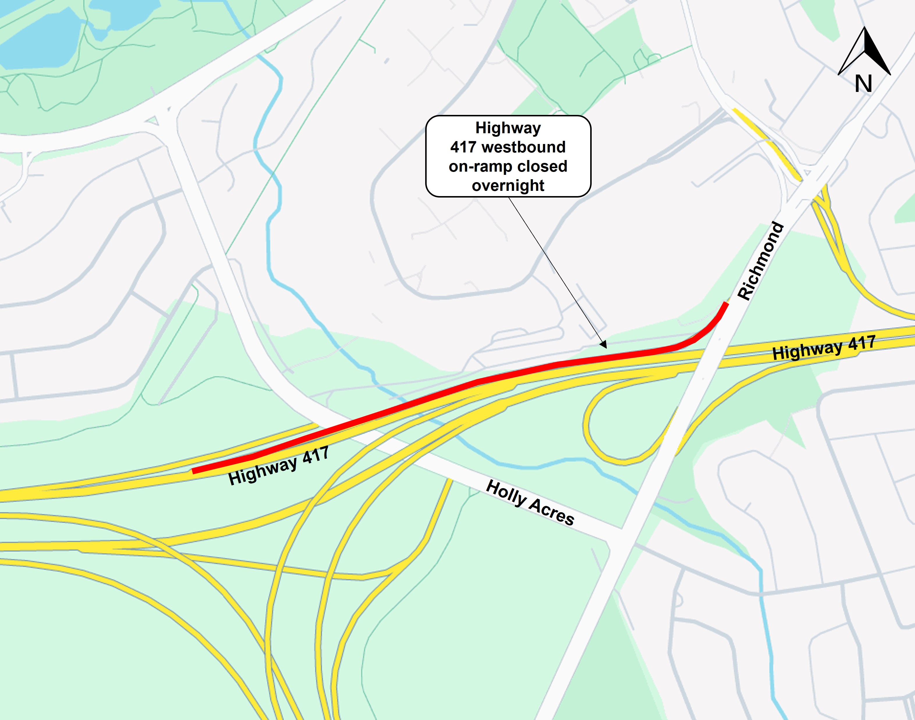 Grey and green map with a red line showing the closed Westbound on ramp at Richmond Road and the 417. 