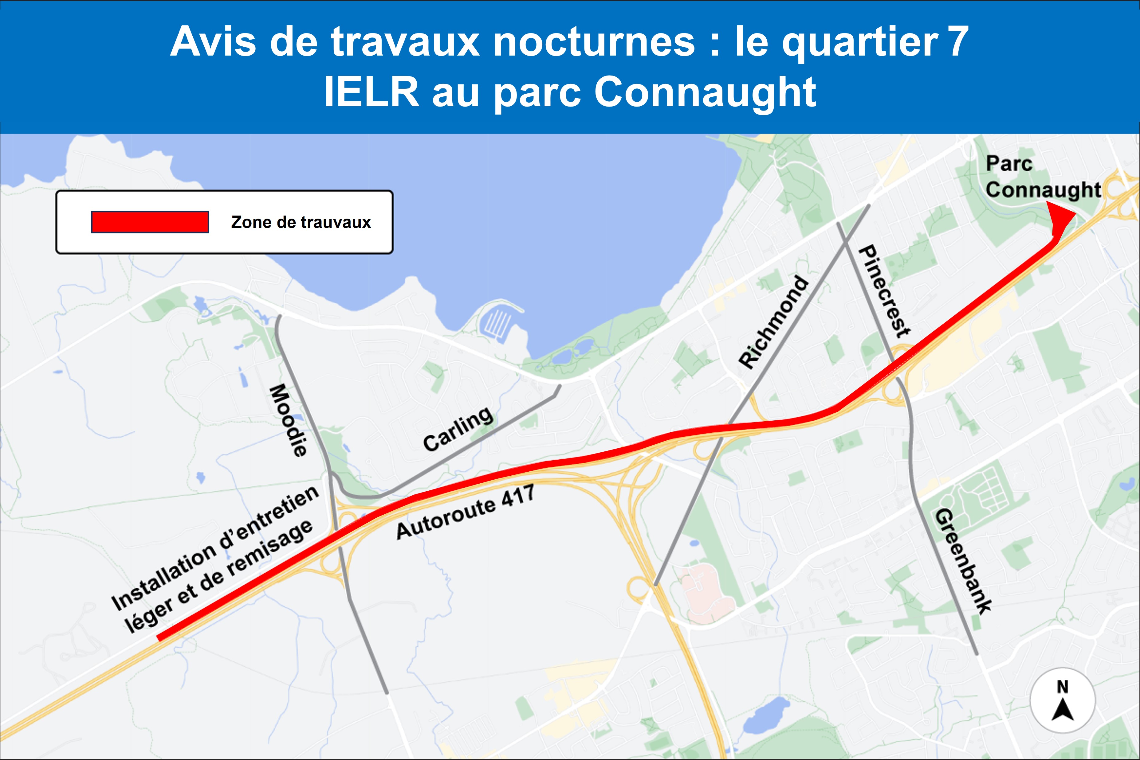 Carte en gris et blanc avec une ligne rouge indiquant la zone de travail de nuit entre Connaught Park et le LMSF