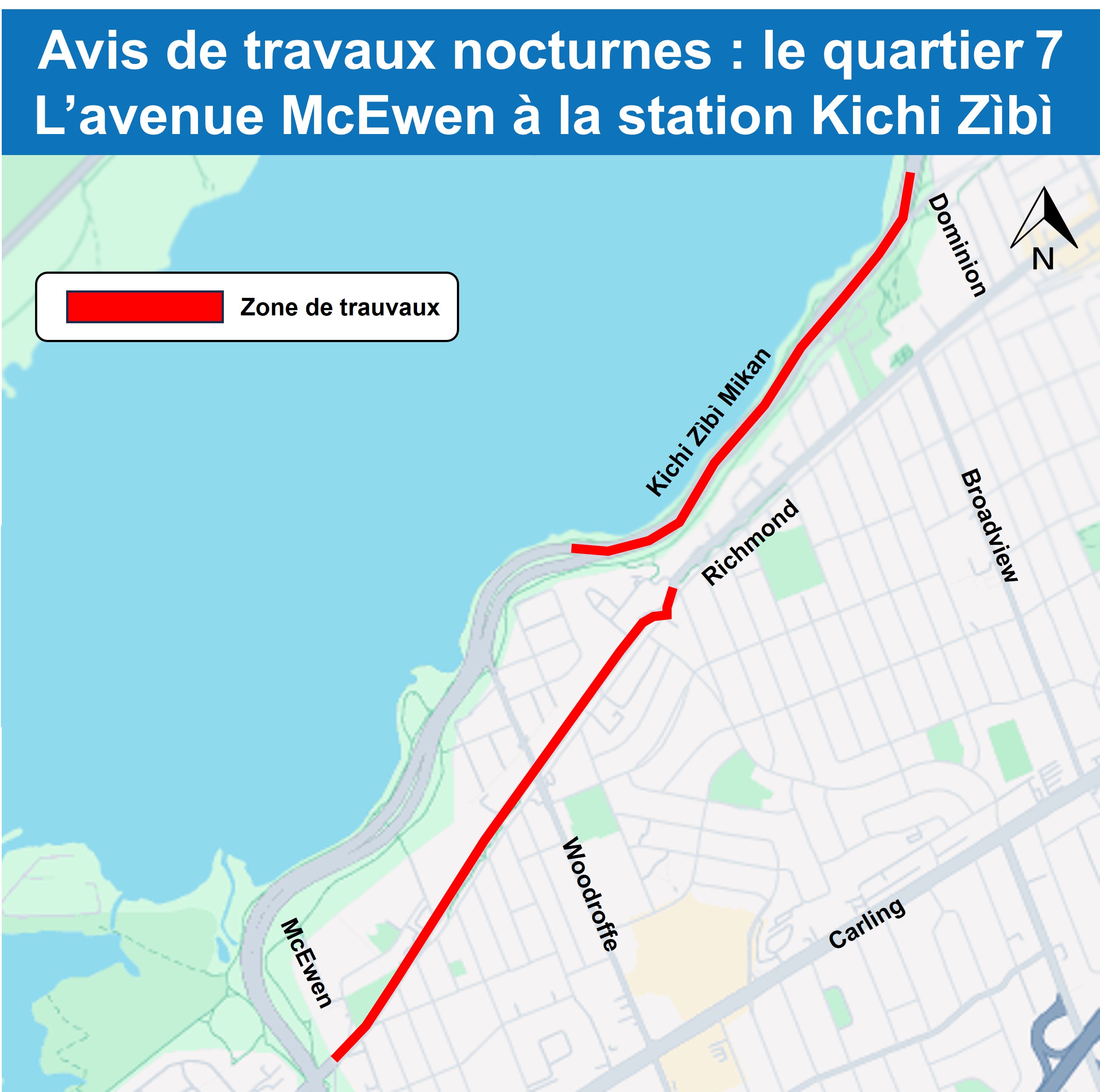 Carte en gris et blanc montrant la ligne rouge marquant la zone de travail de Richmond et Cleary à McEwen et Kichi Zibi Mikan.