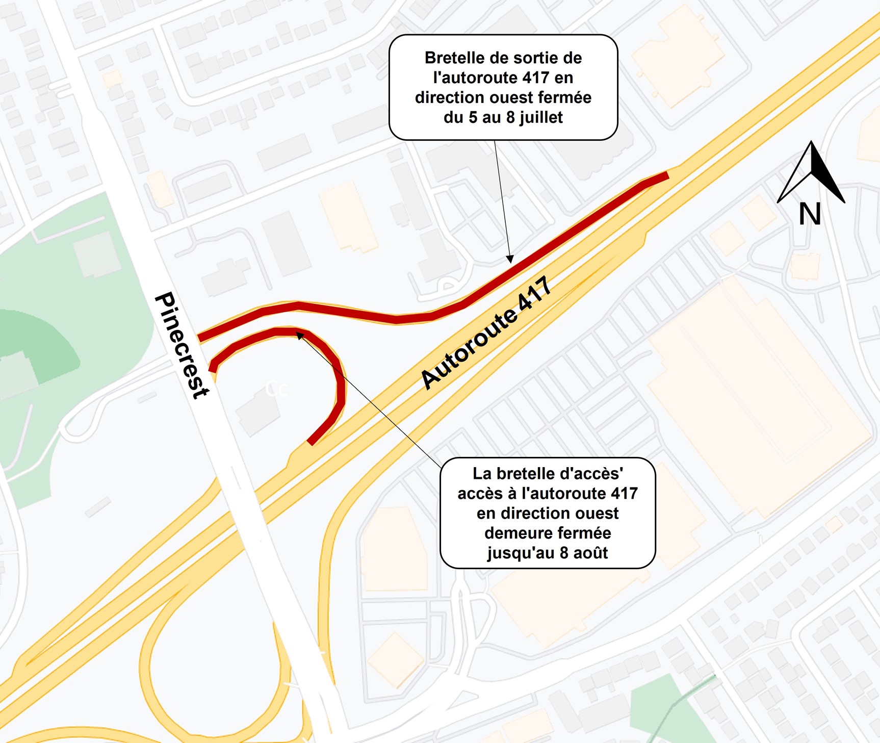 Grey map with red lines showing closed off and on ramps westbound at the 417 and Pinecrest. 