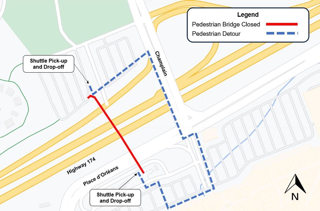 A grey map with the highway shown in yellow. the closure of the pedestrian bridge is shown in red. the detour is shown as a blue dashed line.