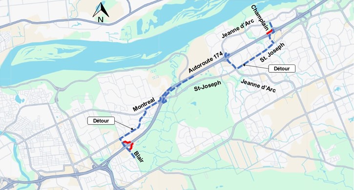  L'image représente une carte sur laquelle l'autoroute est représentée en jaune. La fermeture décrite ci-dessus est représentée par une ligne rouge. La déviation décrite ci-dessous est représentée par une ligne bleue en pointillés.