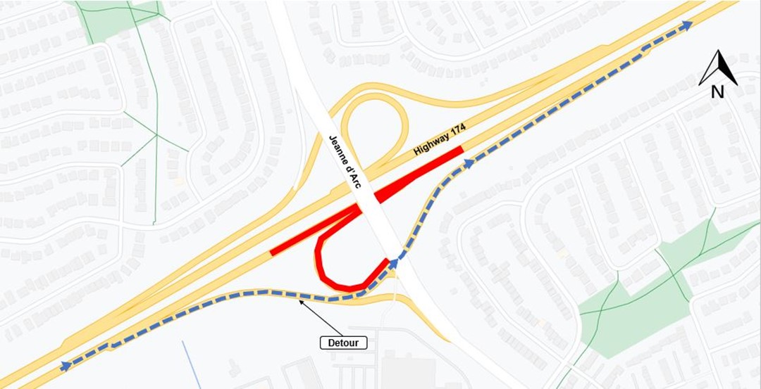 A grey map with the highway shown in yellow. the location of the closure is shown in red. the detour across Jeanne d'Arc is shown as a blue dashed line.