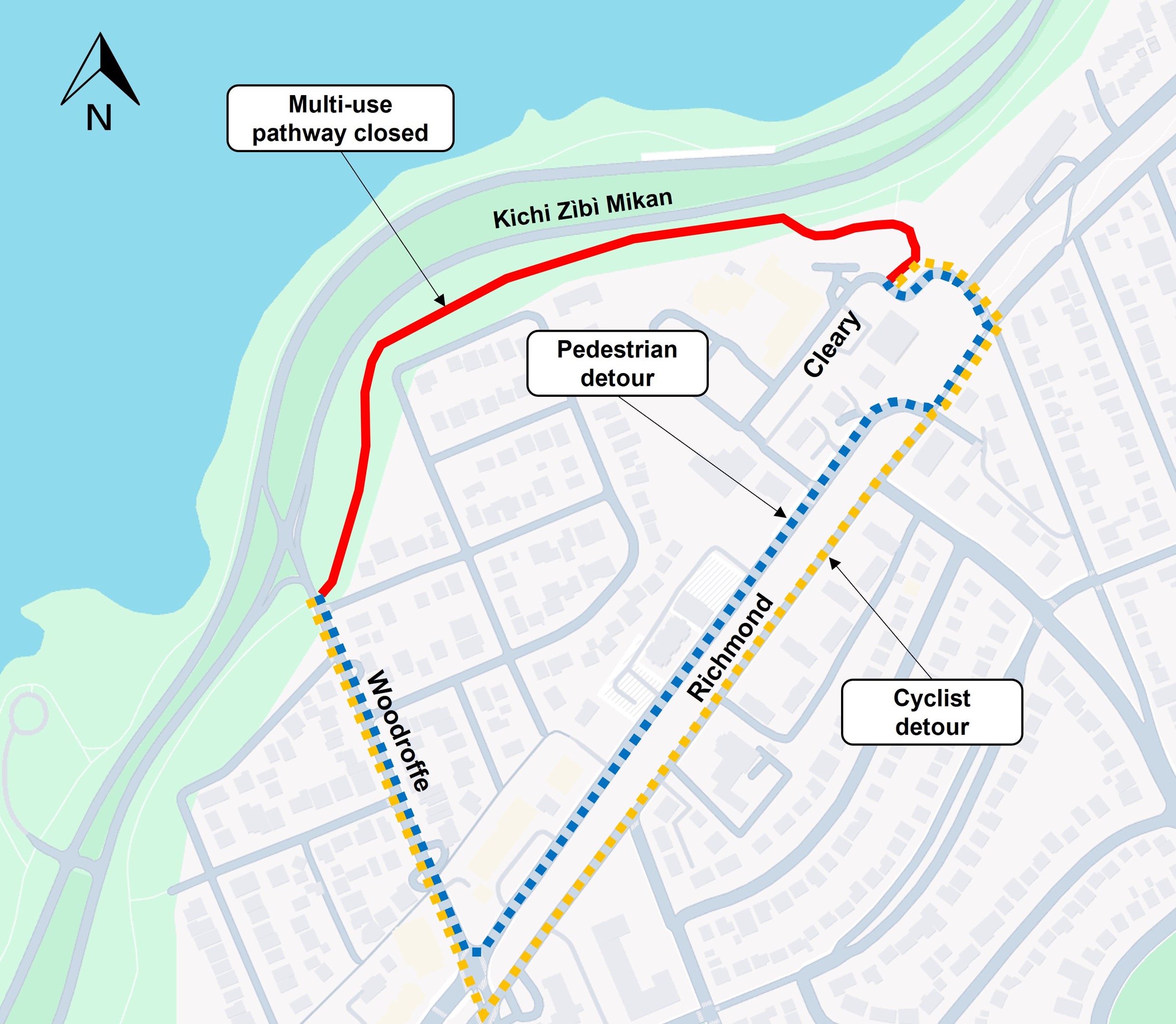 The image is of a map, with the closure shown in red. The pedestrian detour is shown in blue, and the cyclist detour is shown in yellow.