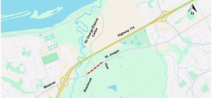 The image shows a map with the highway shown in yellow. The closure described above is represented by a red line.