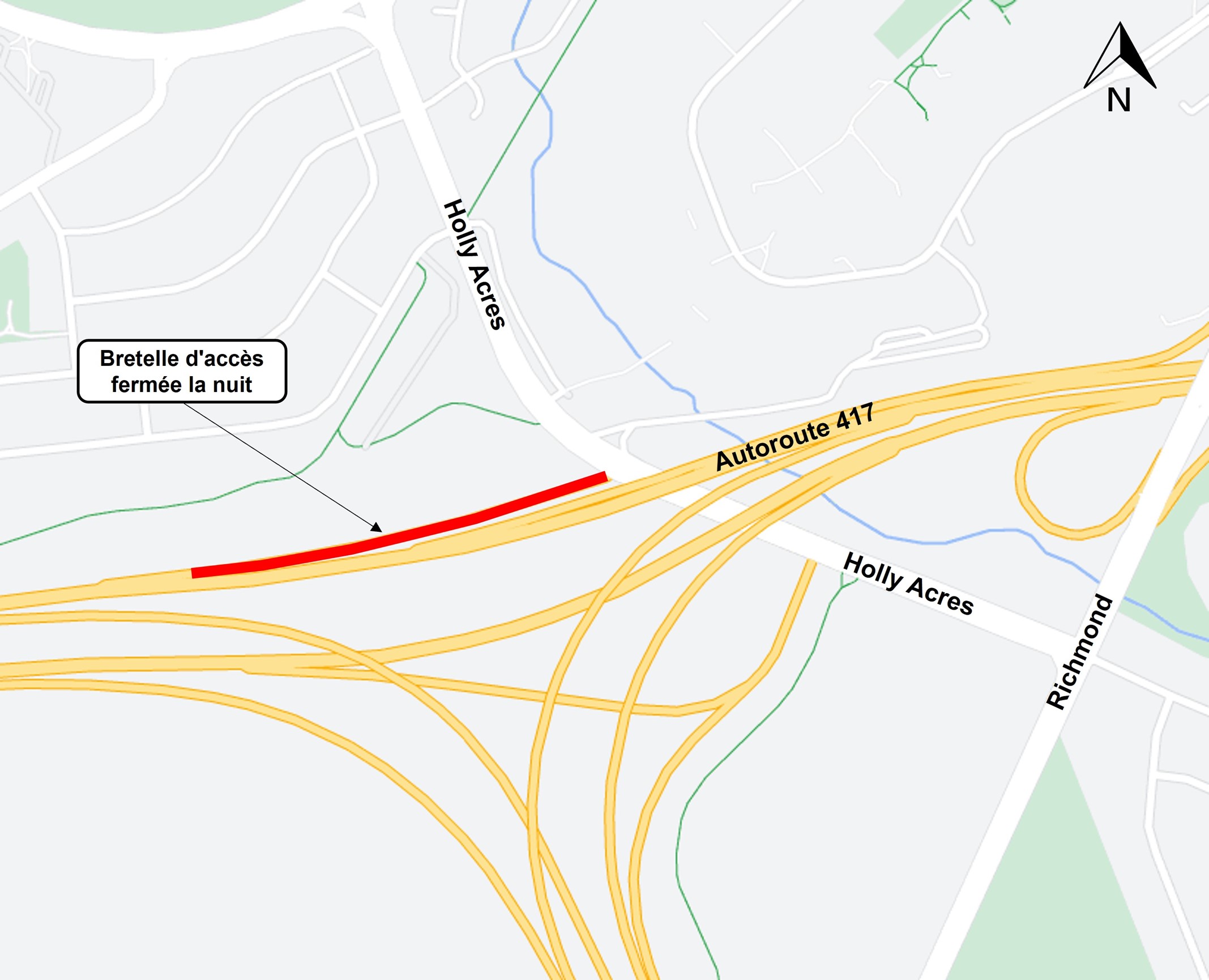 L'image représente une carte sur laquelle l'autoroute est représentée en jaune. La fermeture décrite ci-dessus est représentée par une ligne rouge. La déviation décrite ci-dessous est représentée par une ligne bleue en pointillés.