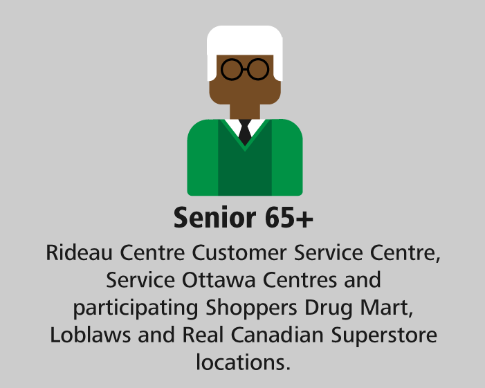 Senior 65+: Rideau Centre Customer Service Centre and participating Shoppers Drug Mart, Loblaws and Real Canadian Superstore locations.