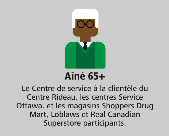 Aîné 65+: Le Centre de services à la clientèle du Centre Rideau ainsi que les magasins Shoppers Drug Mart, Loblaws et Real Canadian Superstore participants.