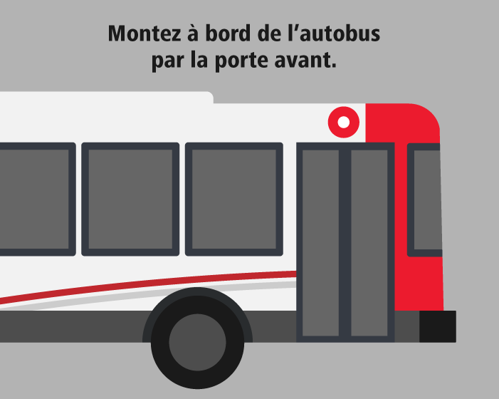 Une image de l’avant d’un autobus d’OC Transpo accompagnée du texte : « Montez à bord de l’autobus par la porte avant.