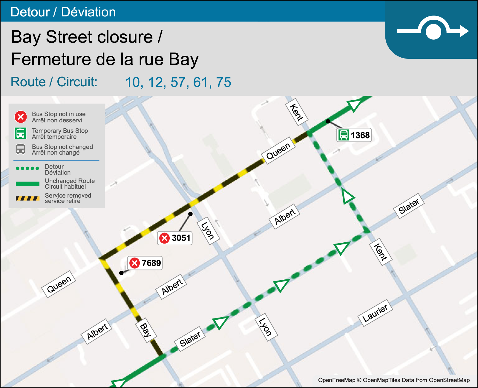 Detour map for Routes 10, 12, 57, 61, 75.