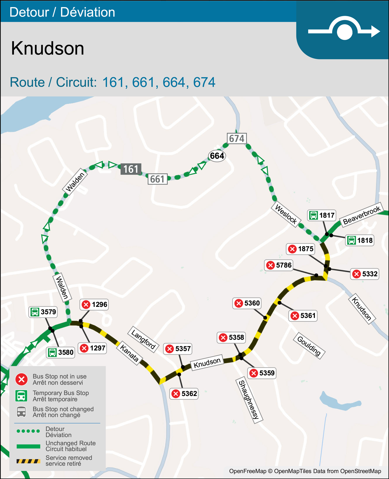 Detour map for Routes 161, 661, 664, 674.
