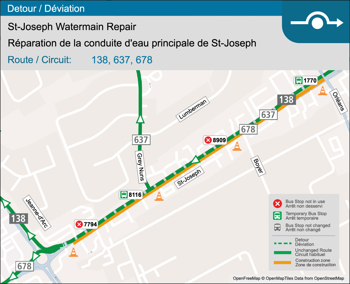 Detour map for Route 138, 637, 678.