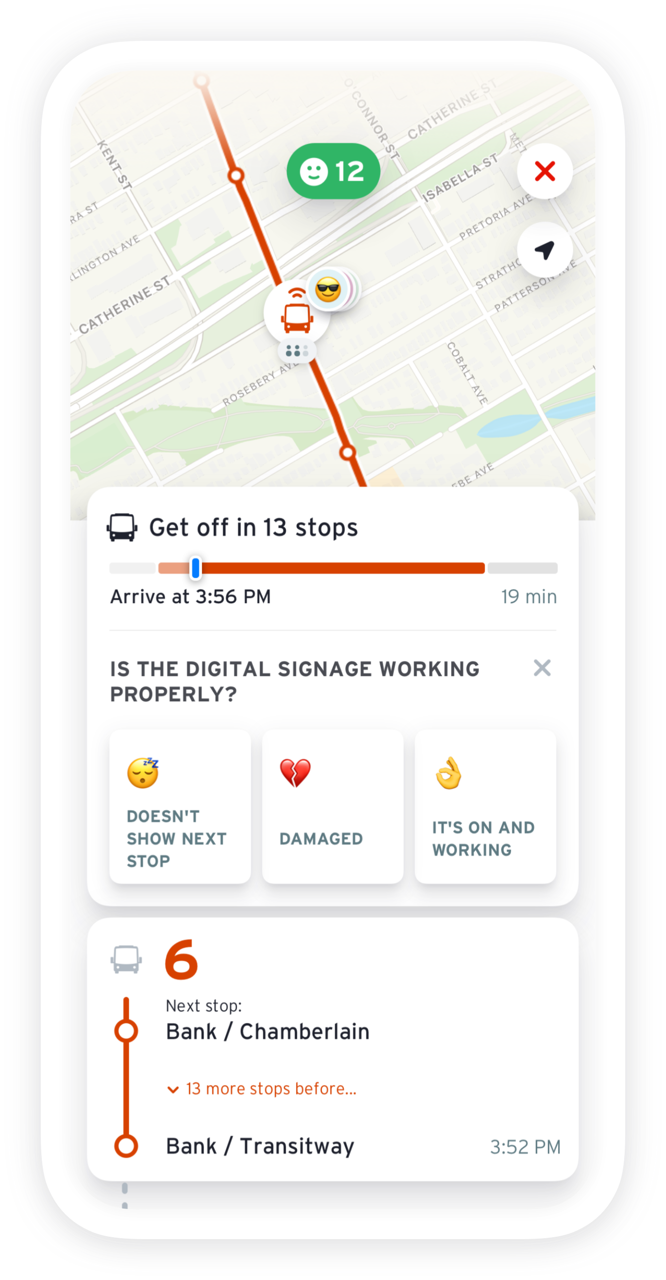 Caption: Rate-My-Ride question in Transit asking if the digital signage (NSAS) is working.