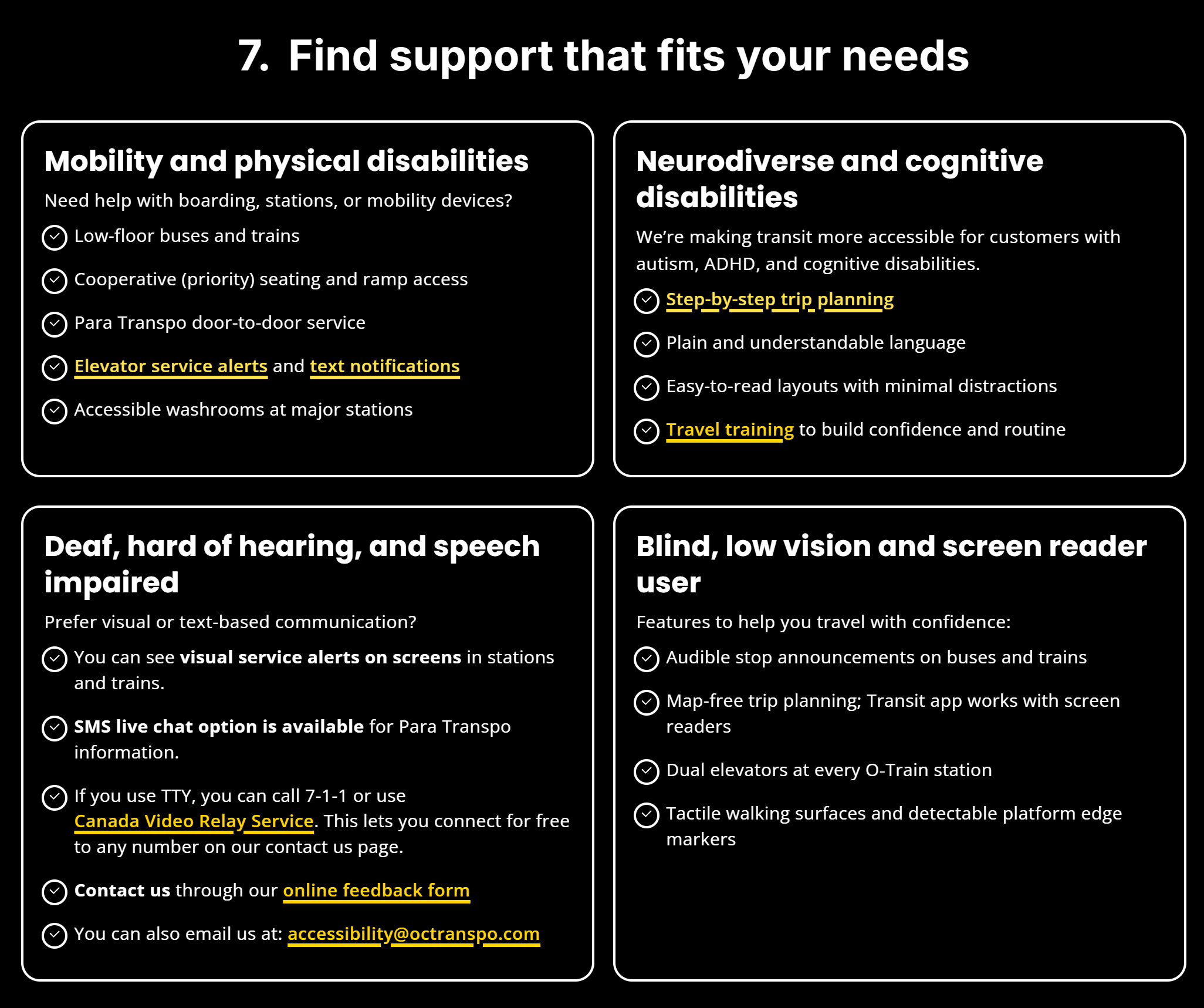 A screenshot of the Find support section in the accessibility page