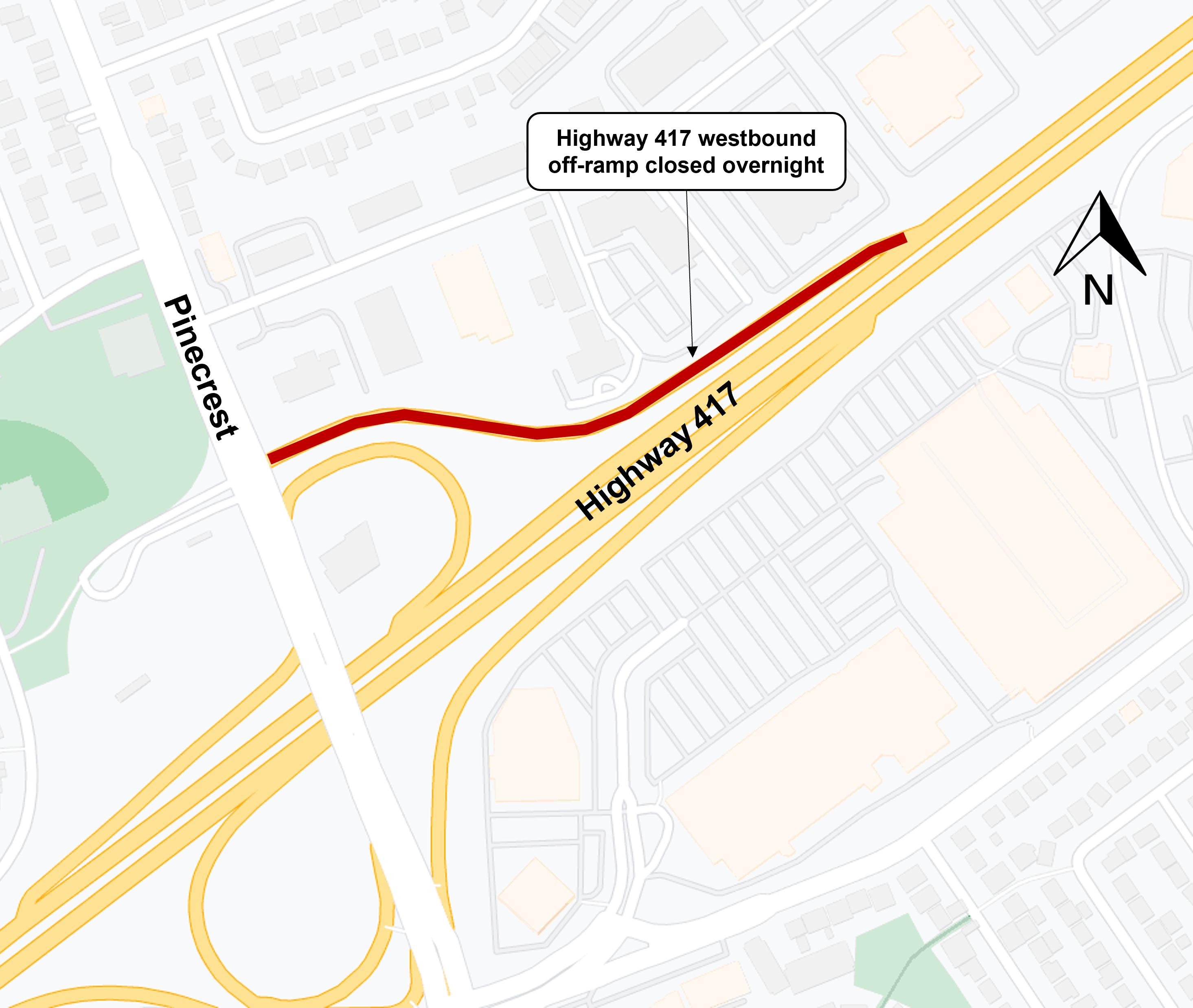 Grey and white map showing red line on the 417 indicating off ramp closure for Pinecrest WB.