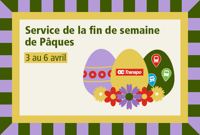 Texte: Service de la fin de semaine de Pâques 3 au 6 avril. Illustrations: oeufs colorés