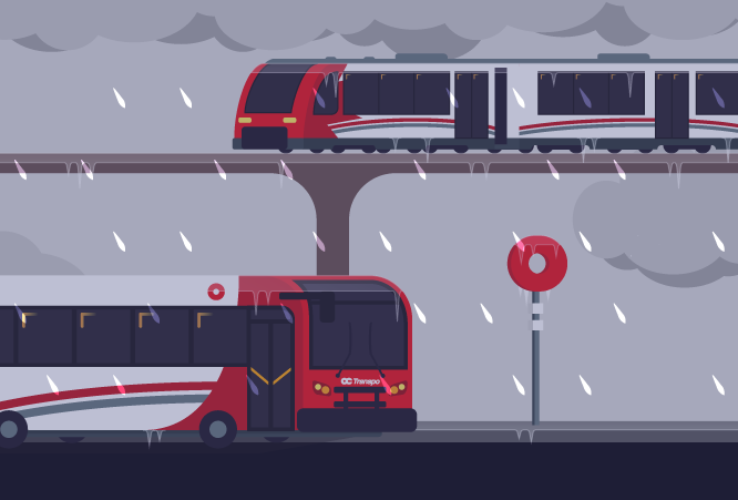 Illustration of freezing rain coming down on a bus and a train