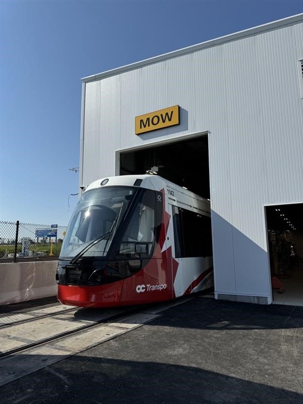 O-Train vehicle inside the Corkstown Yard Light Maintenance and Storage Facility