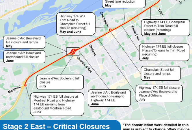 Image - Critical Closures Map - O-Train East Extension - May to July, 2024