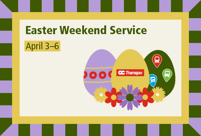 Image text: Easter Weekend Service April 3 to 6. Illustration of colourful eggs