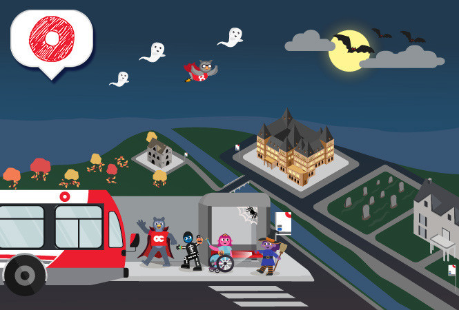Illustration of a bus pulling away from a stop with costumed children and OC Owl on a spooky Halloween night
