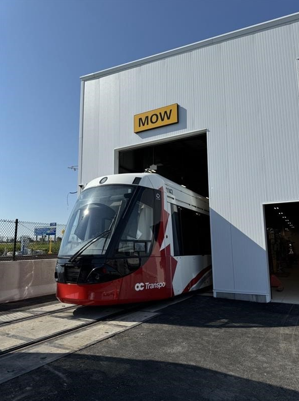 Alstom Citadis vehicle parked inside the new Corkstown Yard Light Maintenance and Storage Facility (LMSF).