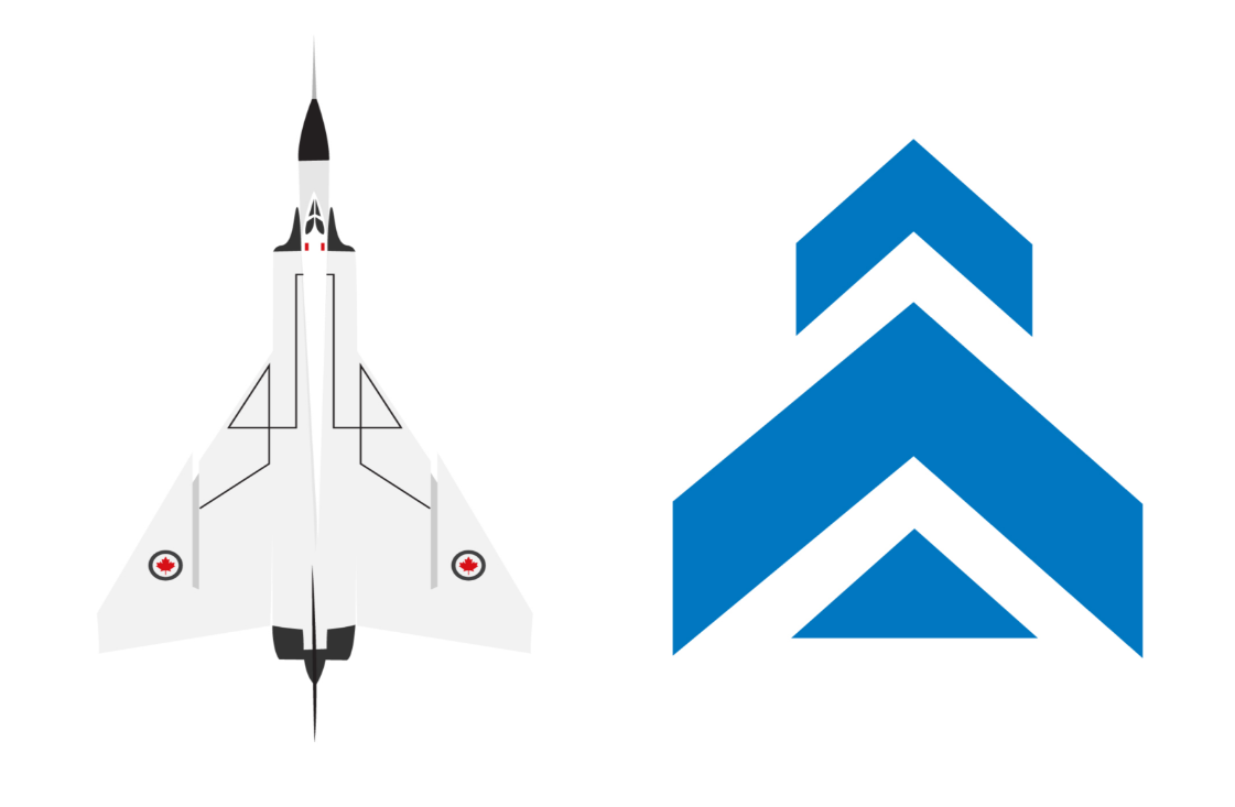 Side-by-side image of the Avro CF-105 Arrow aircraft and a blue icon made of three stacked arrows, representing the nose, wings, and tail.