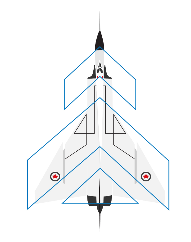 Diagram of the Avro CF-105 Arrow aircraft with three blue outlined shapes highlighting the nose, wings, and tail, showing how the airplane inspired the icon design.