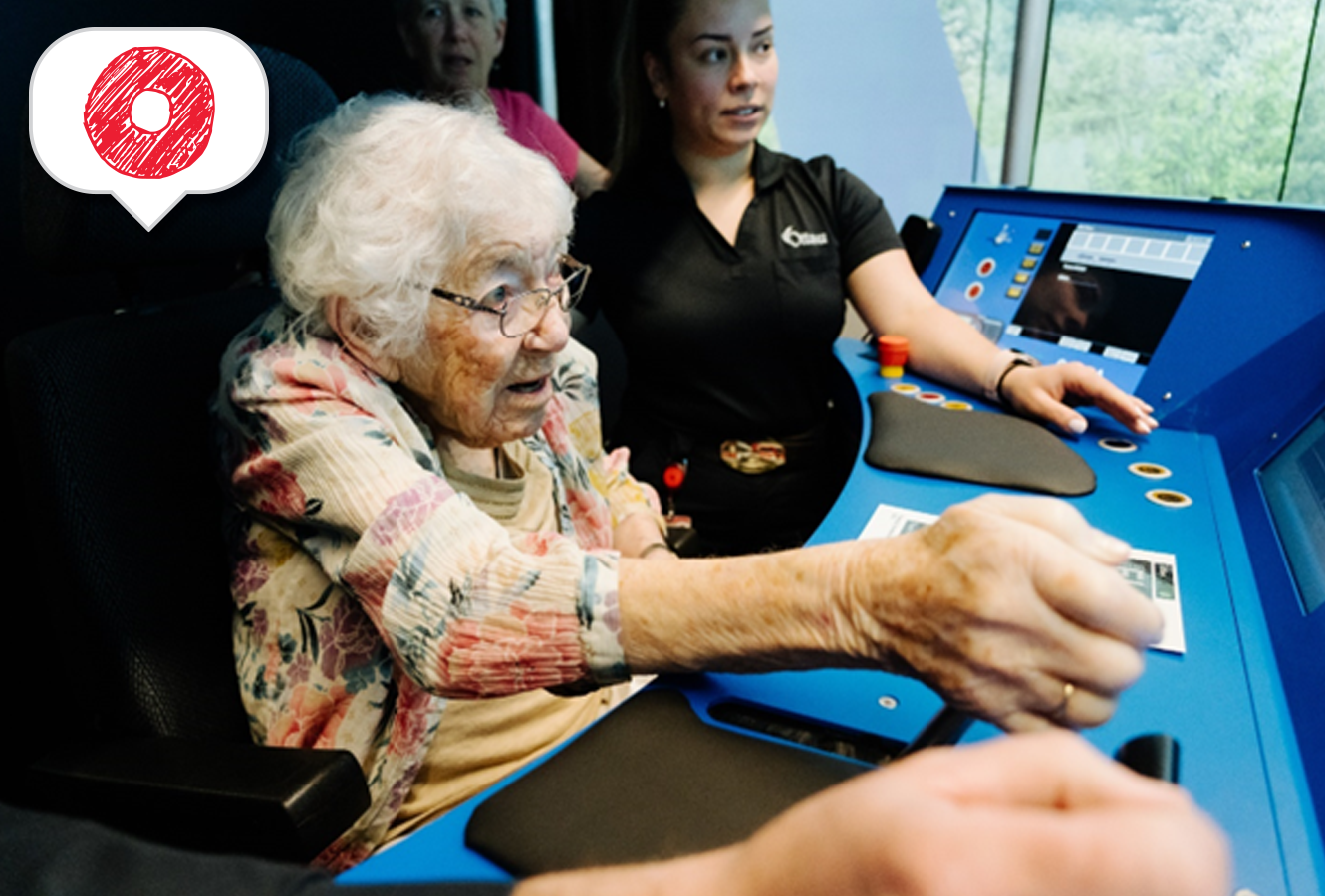 107-year-old Juanita operating the Stadler FLIRT simulator