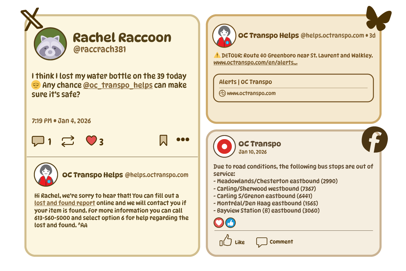 Composite of customer messages and OC Transpo Helps replies on X and Facebook, showing a lost-and-found response and a service alert with a detour and bus stops temporarily out of service.