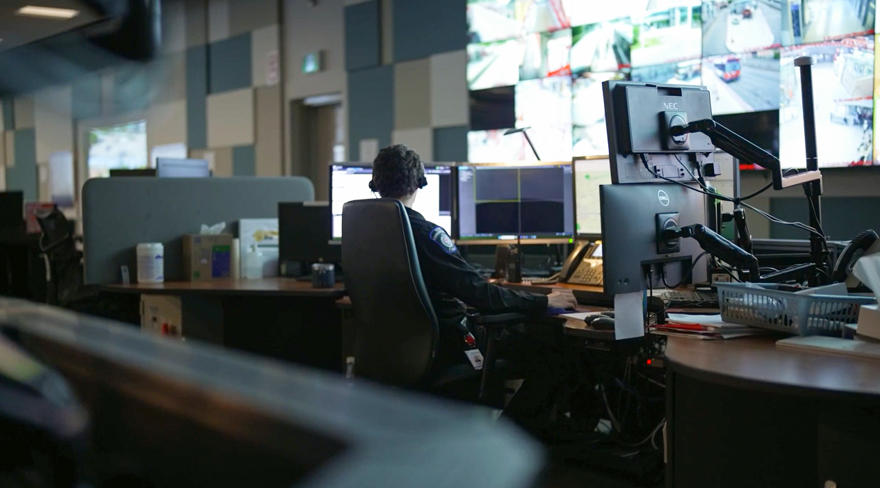 A Communications Officer with the Special Constable Unit monitors CCTV