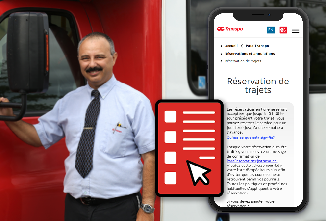 Un chauffeur de Para Transpo et un téléphone intelligent affichant le nouveau formulaire de réservations